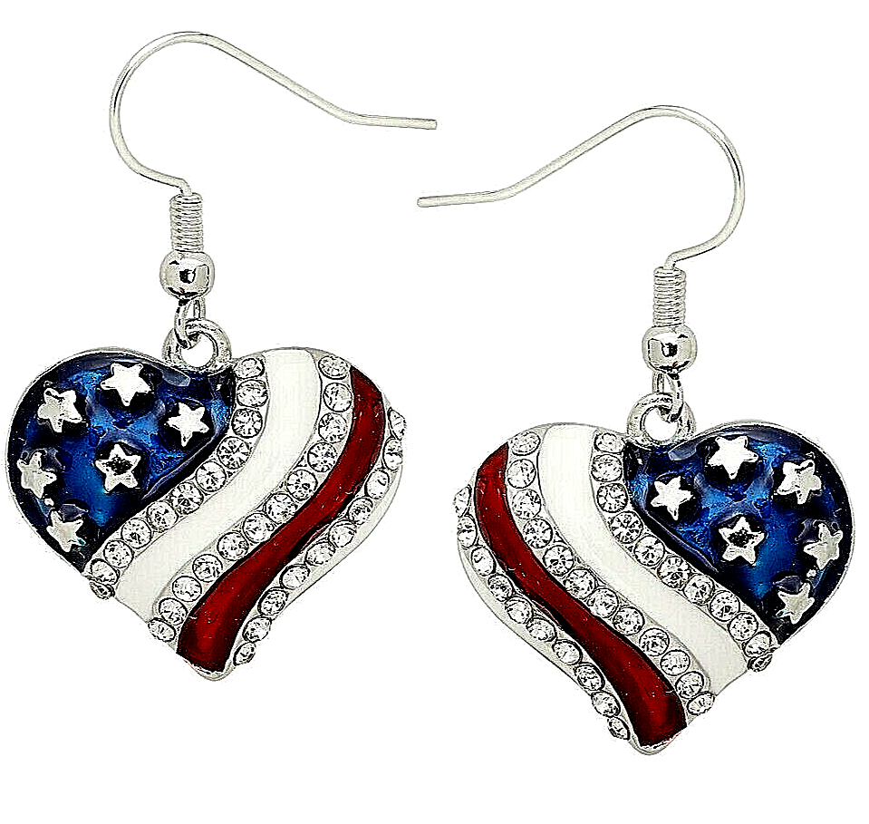 Heart Earrings Dangle Red White Blue American USA Flag with a Gift Box
