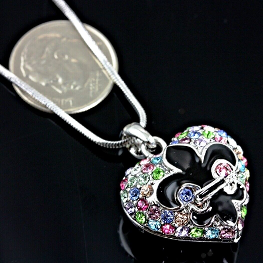 Gorgeous Fleur de Lis 3D Multicolor Heart Pendant and Necklace Rhodium Plated