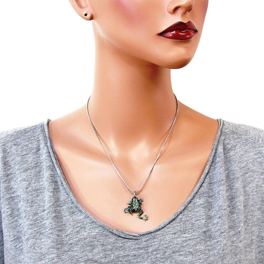 Cute Emerald Green Frog Pendant Necklace 18" Chain Rhodium Plated Gift Boxed