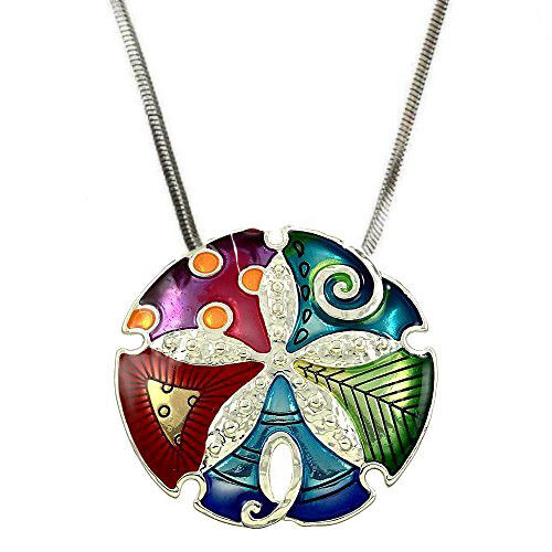 Gorgeous Large Enameled Sand Dollar Pendant Necklace and Earrings Set 24" Chain