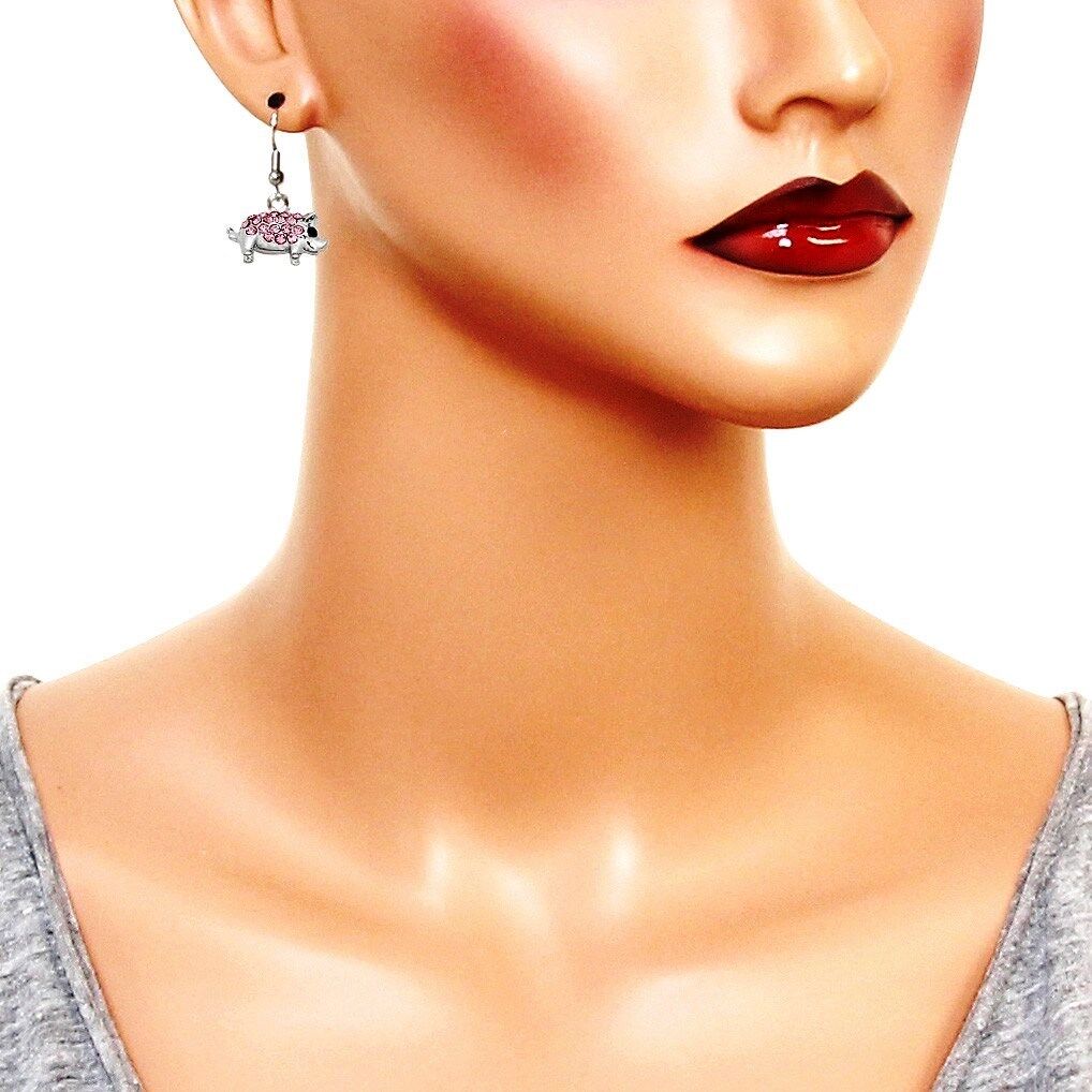 Adorable Full Body Pink Crystal Pig Piggy Piglet Earrings Fast Shipping