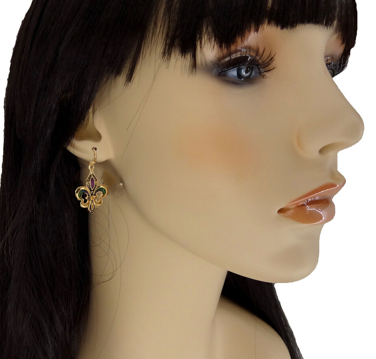 Mardi Gras Fleur De Lis Earrings Dangle Gold Tone with a Gift Box Fast Shipping