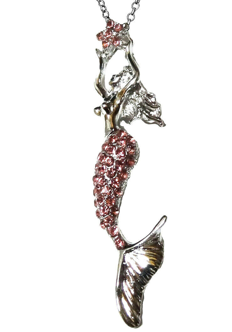 Beautiful Pink Crystal Fairy Mermaid Necklace with 18" Stainless Steel Chain