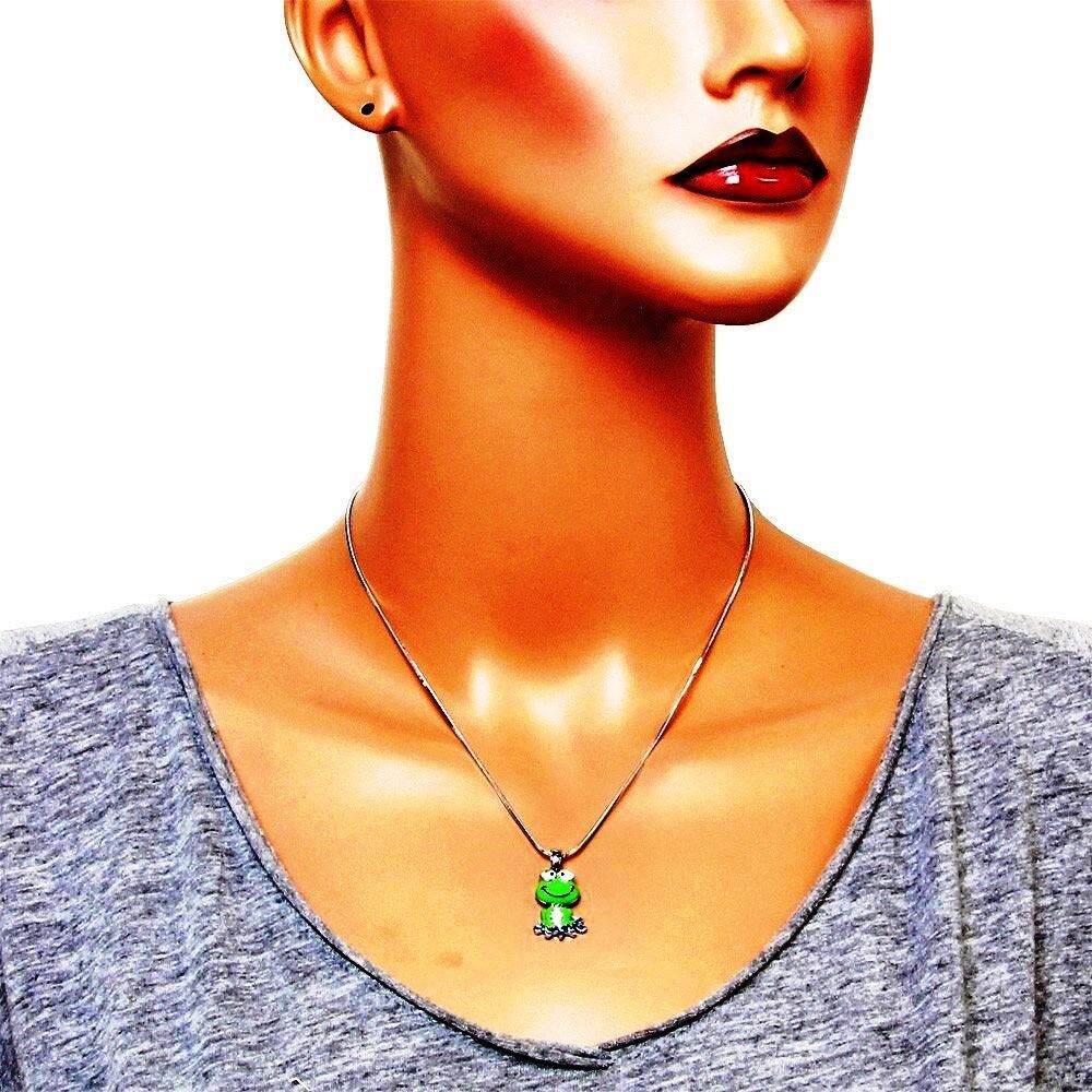 Funny Little Good Luck Green Frog Pendant Necklace 18" Chain Fast Shipping