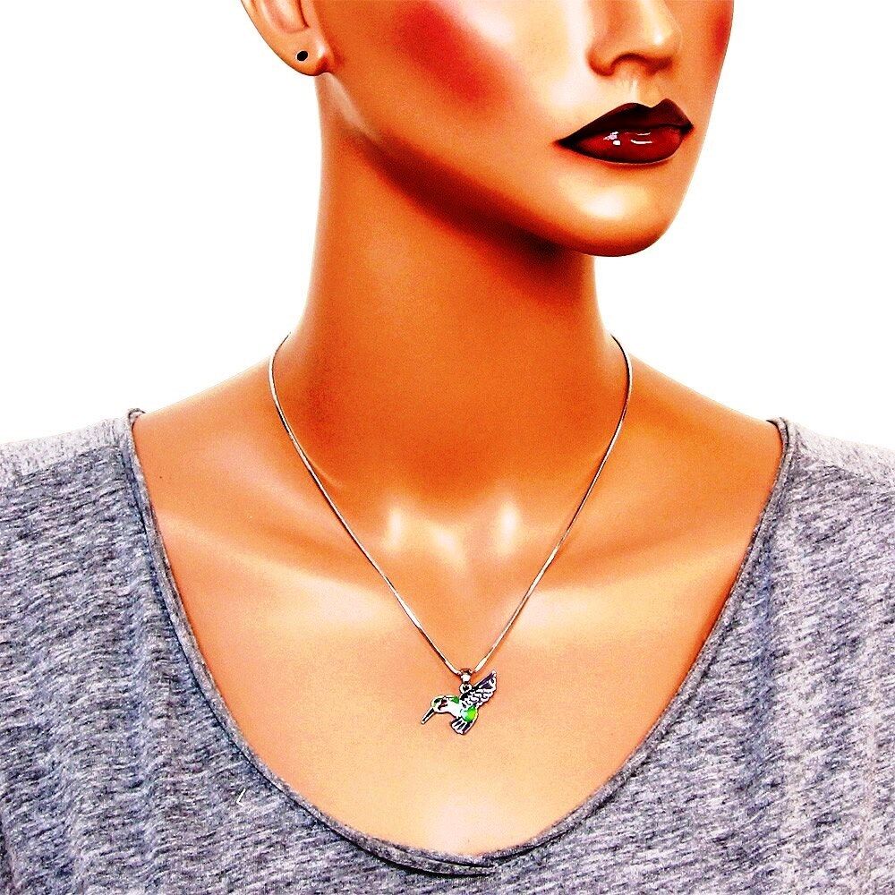 Enameled Hummingbird Charm Pendant Necklace 17" Chain Bird Theme Fast Shipping