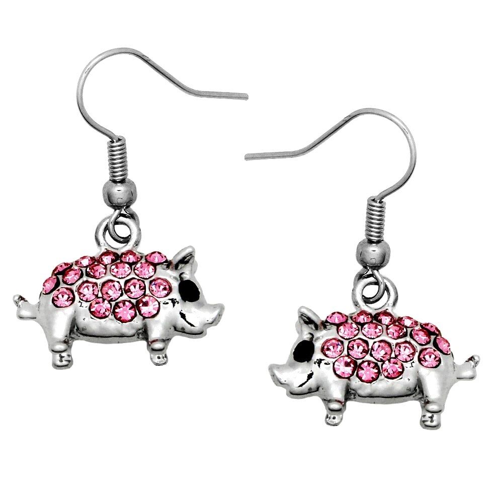 Adorable 3D Full Body Pink Crystal Pig Piggy Piglet Earrings Fast Shipping