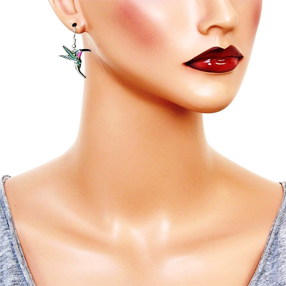 Green and Pink Hummingbird Bird Earrings Enameedl Gift Boxed Fast Shipping