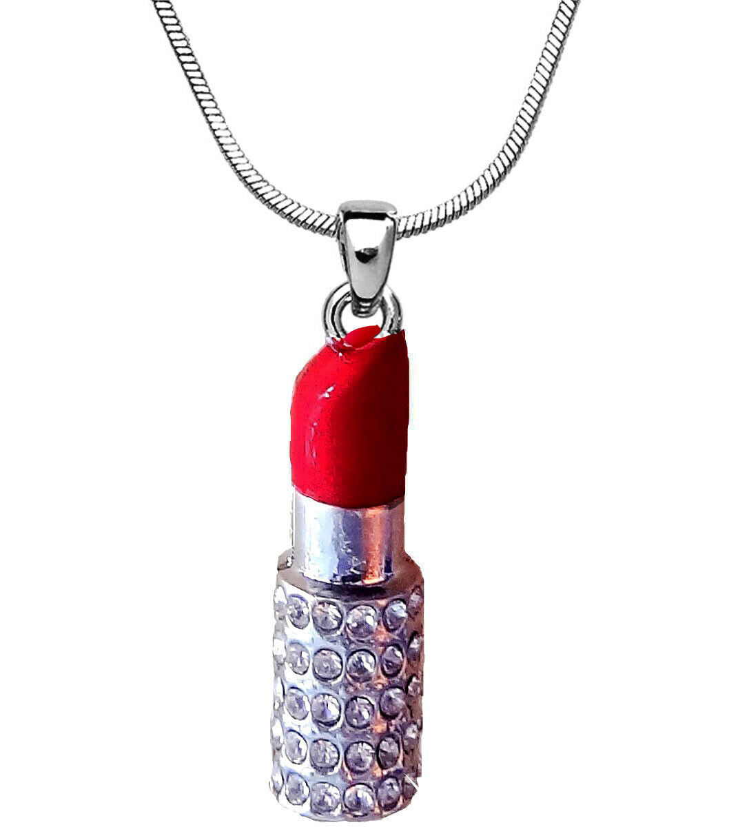 Silvertone Crystal Red Lipstick Pendant Necklace 17" Chain Fast Shipping