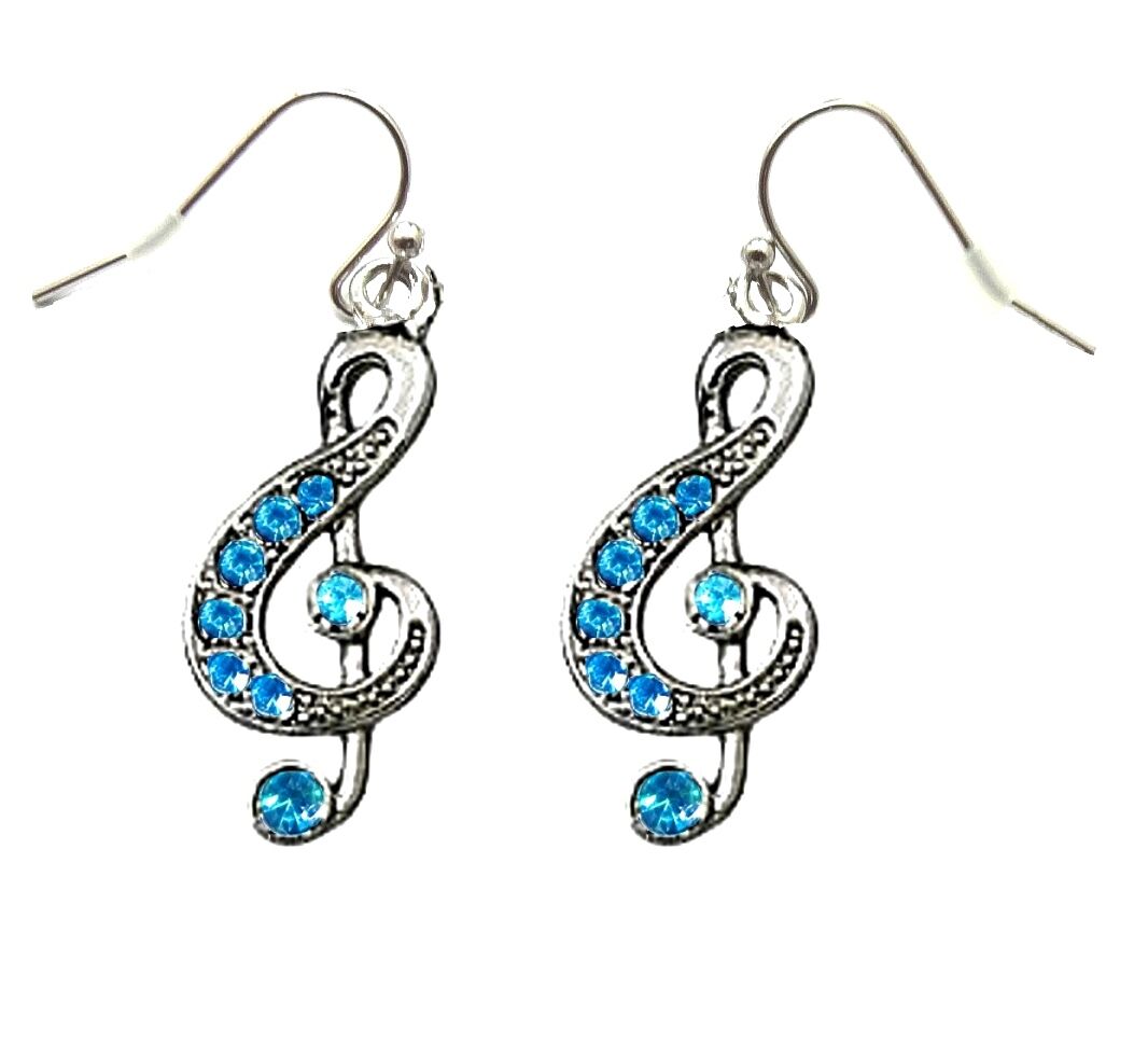Silver Tone Blue Crystal Treble G Clef Music Note Necklace and Earrings Set