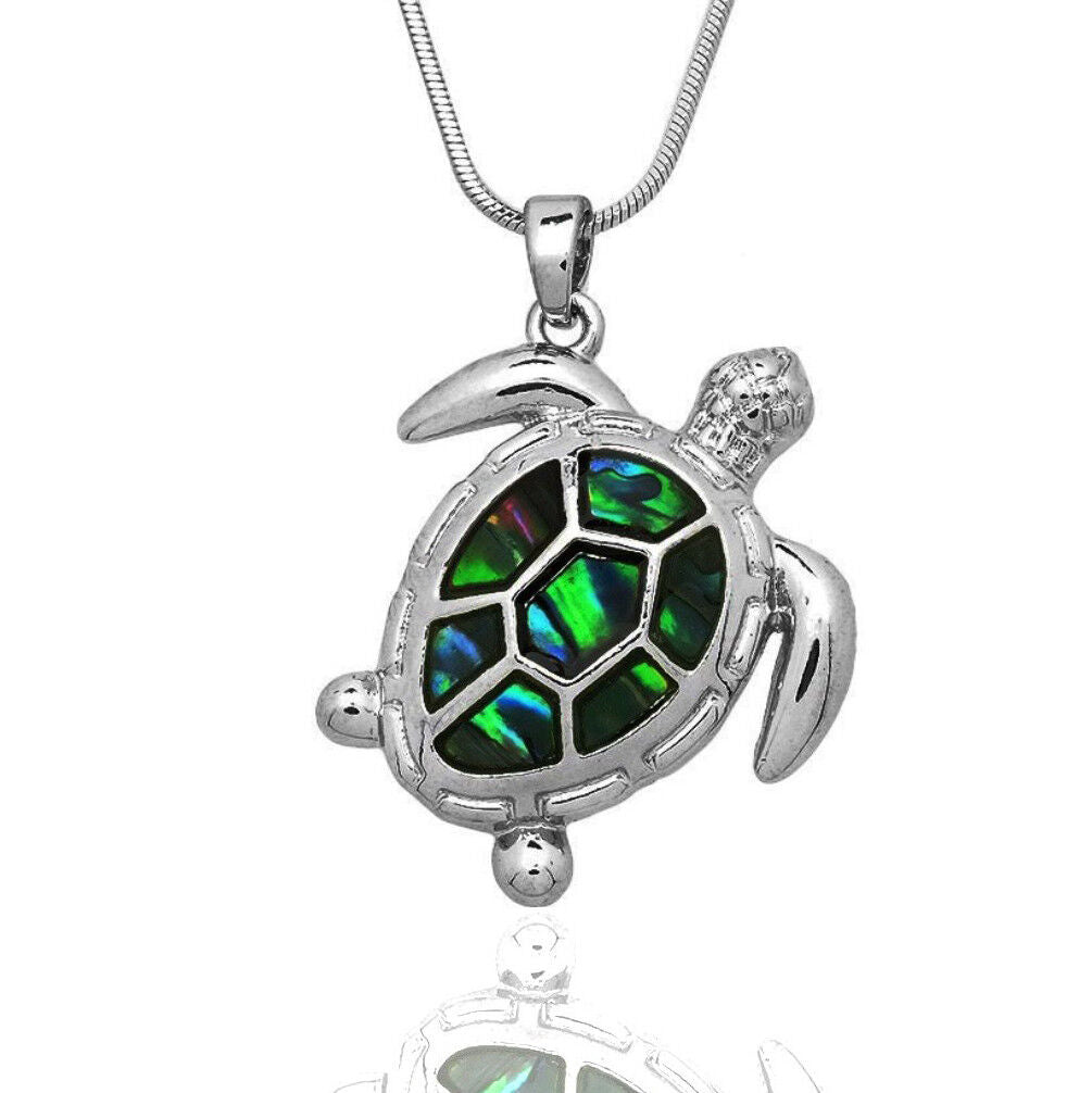 Silver Tone Abalone Sea Turtle Pendant Necklace 17" Chain Gift Box Fast Shipping