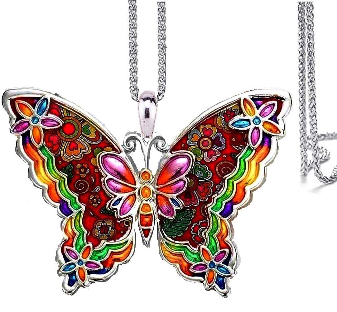 Beautiful Large Enameled Butterfly Pendant Necklace and Earrings Set 24" Chain