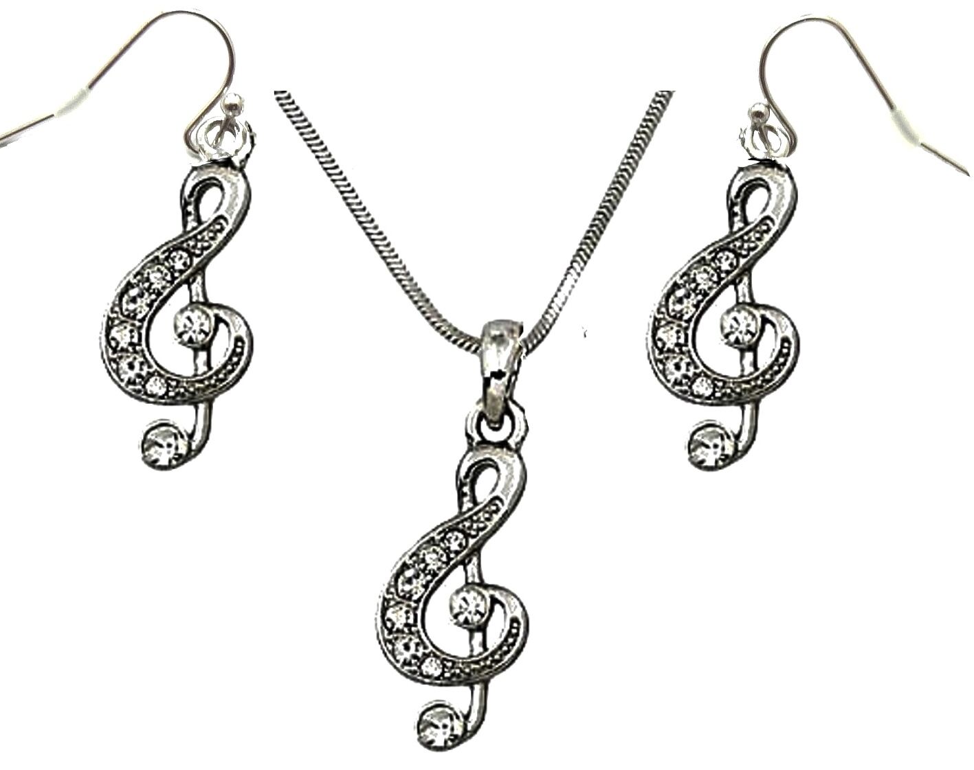 Silver Tone Clear Crystal Treble G Clef Music Note Necklace and Earrings Set