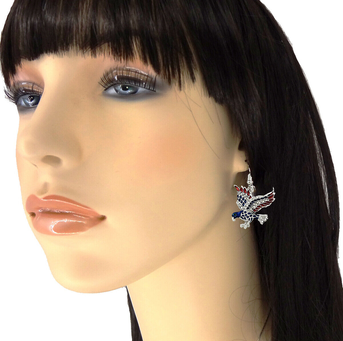 Silvertone Eagle Necklace and Earring Set American Flag Color 24" Steel Chain
