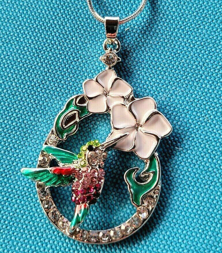 Gorgeous Hummingbird Pendant Necklace and Earrings Set 21" Chain Bird Theme