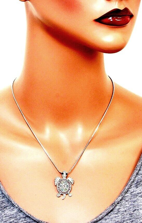 Silvertone Multicolor Crystal Sea Turtle Pendant Necklace Fast Shipping