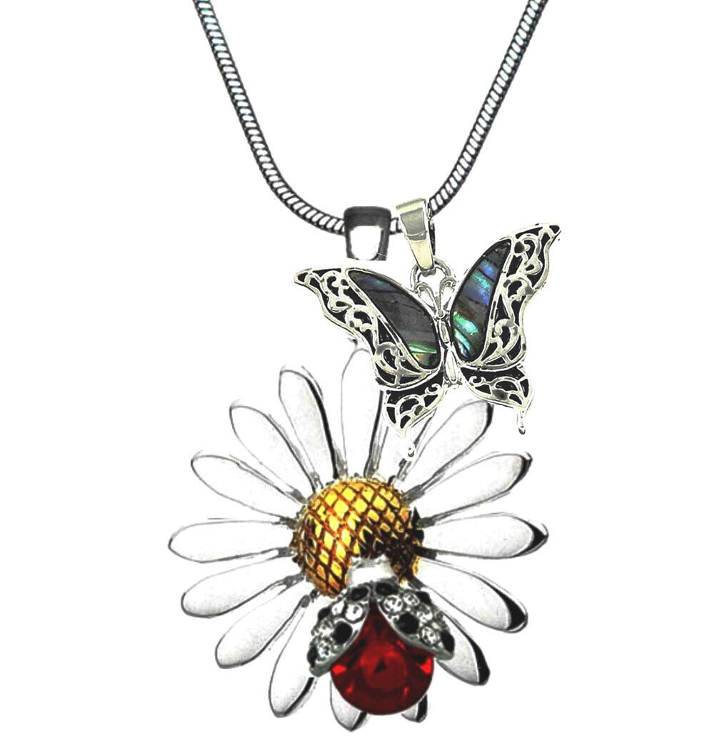 Beautiful Daisy Flower Ladybug and Butterfly Pendant Necklace 17.5" Chain
