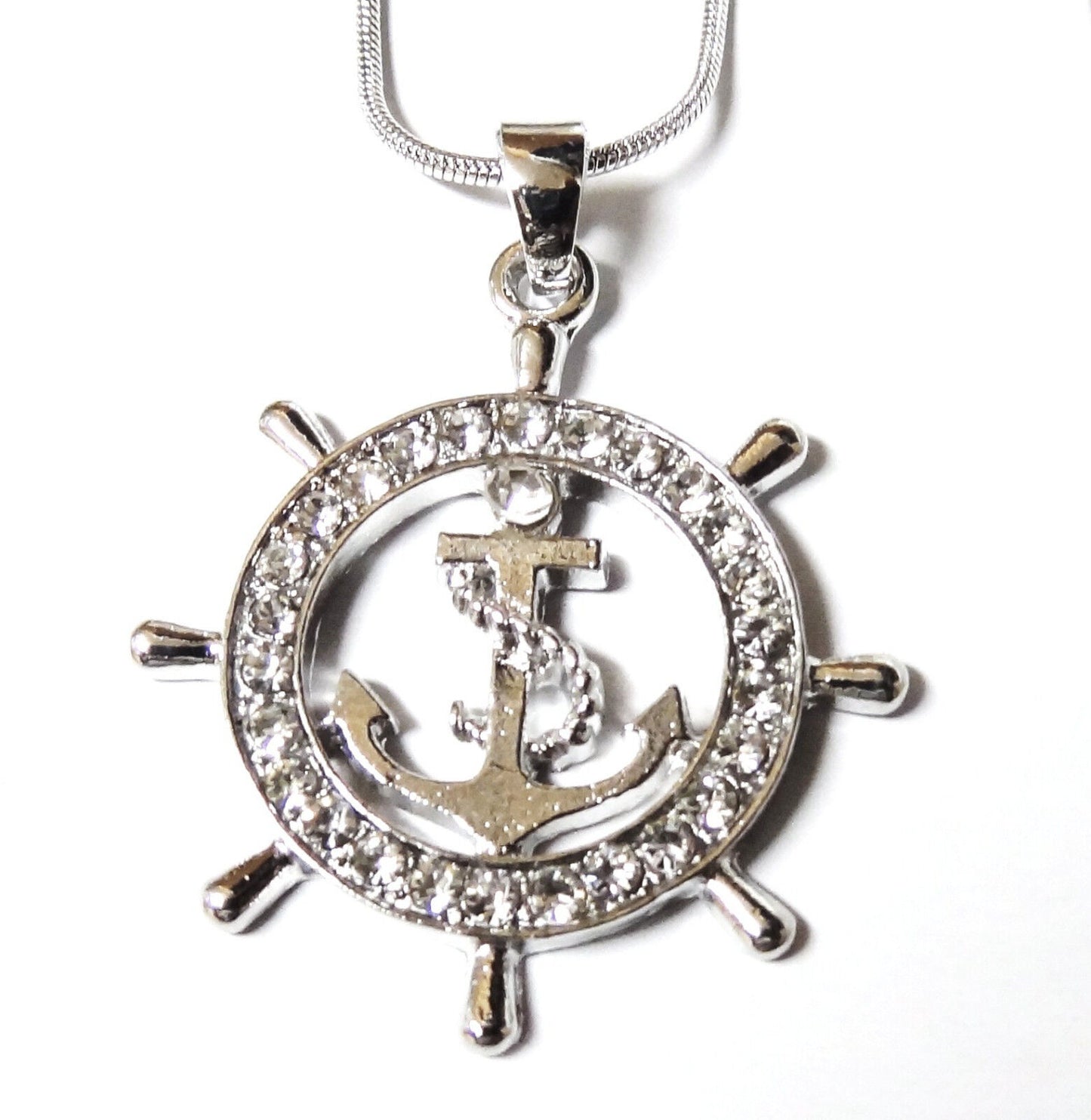 Beautiful Nautical Ship Wheel and Anchor Necklace Rhodium Plated Gift Boxed