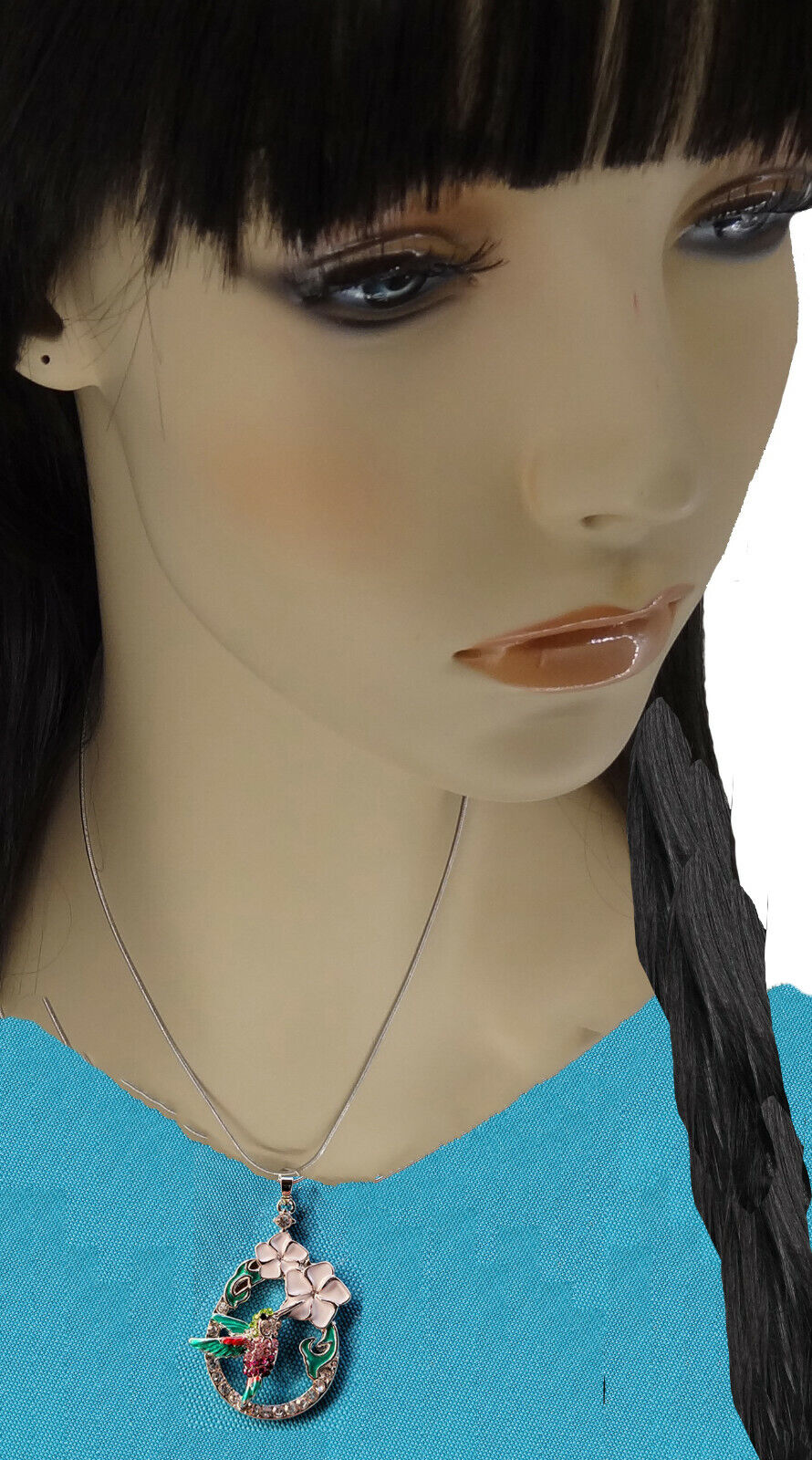 Gorgeous Hummingbird Pendant Necklace and Earrings Set 21" Chain Bird Theme