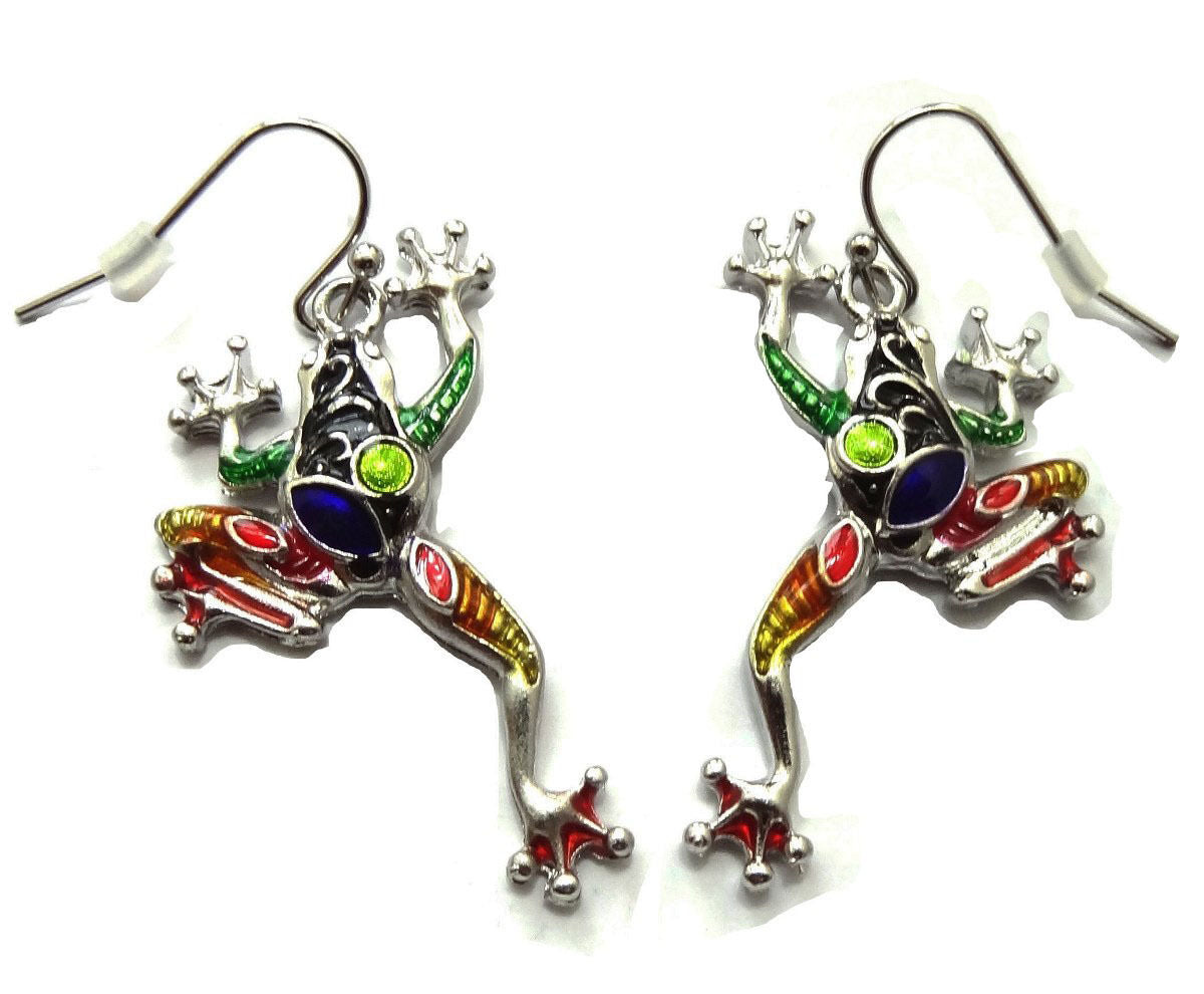 Beautiful Enameled Frog Earrings Rhodium Plated Gift Boxed Fast Shipping