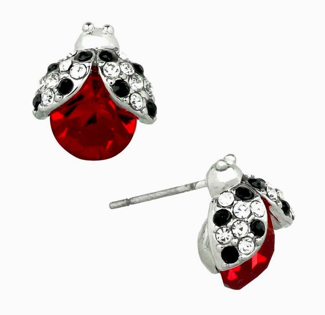 Beautiful Silvertone Crystal Ladybug Earrings Stud Gift Boxed Fast Shipping