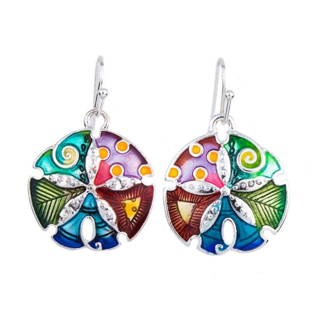 Gorgeous Large Enameled Sand Dollar Pendant Necklace and Earrings Set 24" Chain