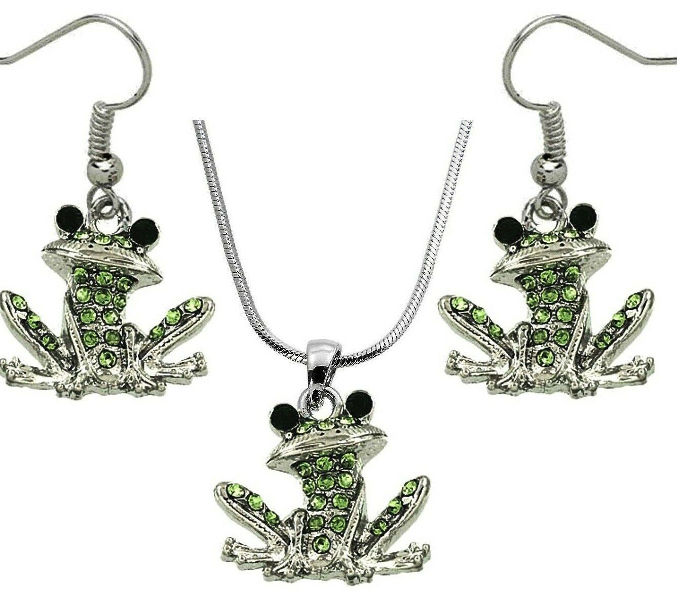 Silvertone Green Frog Pendant Necklace and Earrings Set & 21" Chain Gift Boxed