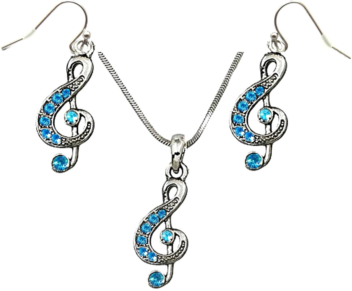 Silver Tone Blue Crystal Treble G Clef Music Note Necklace and Earrings Set