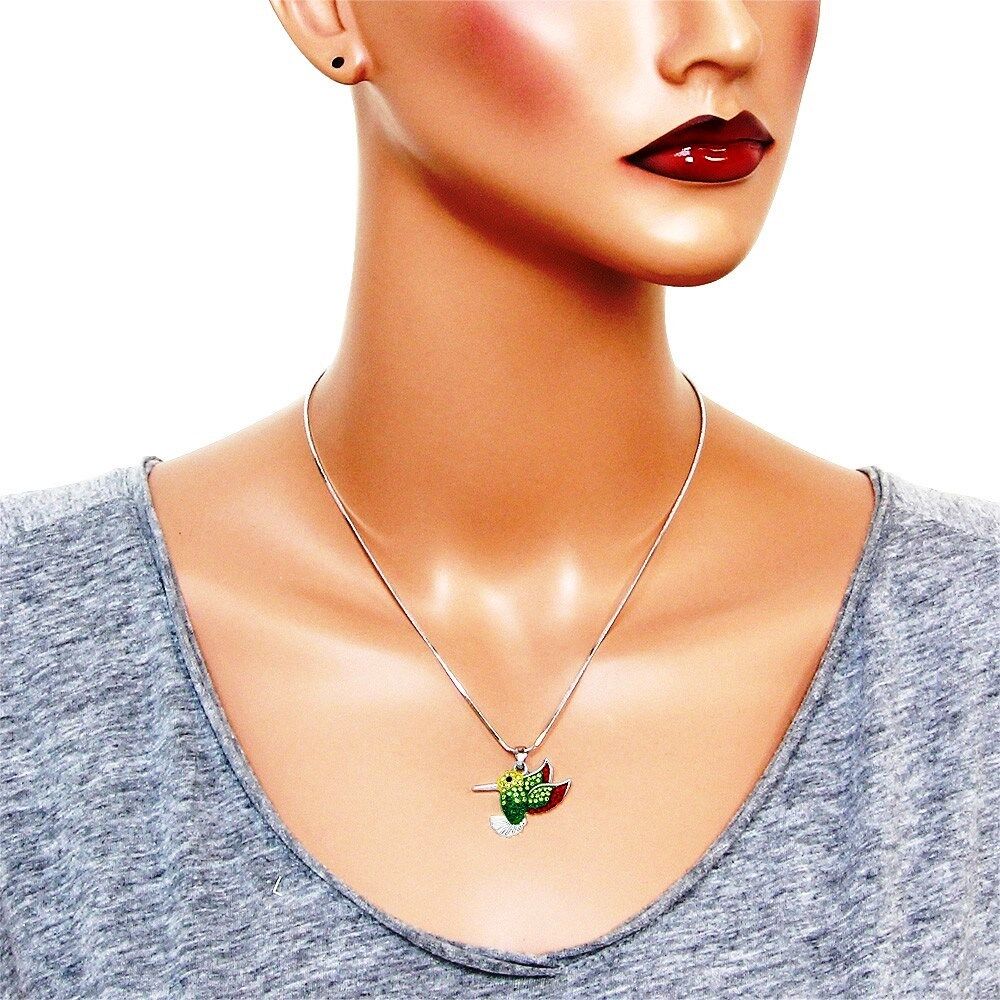 Colorful Crystal Hummingbird Charm Pendant Necklace 17" Chain Bird Theme