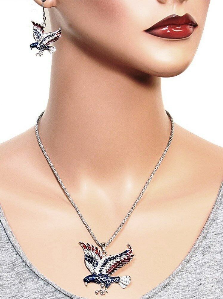 Silvertone Eagle Necklace and Earring Set American Flag Color 24" Steel Chain