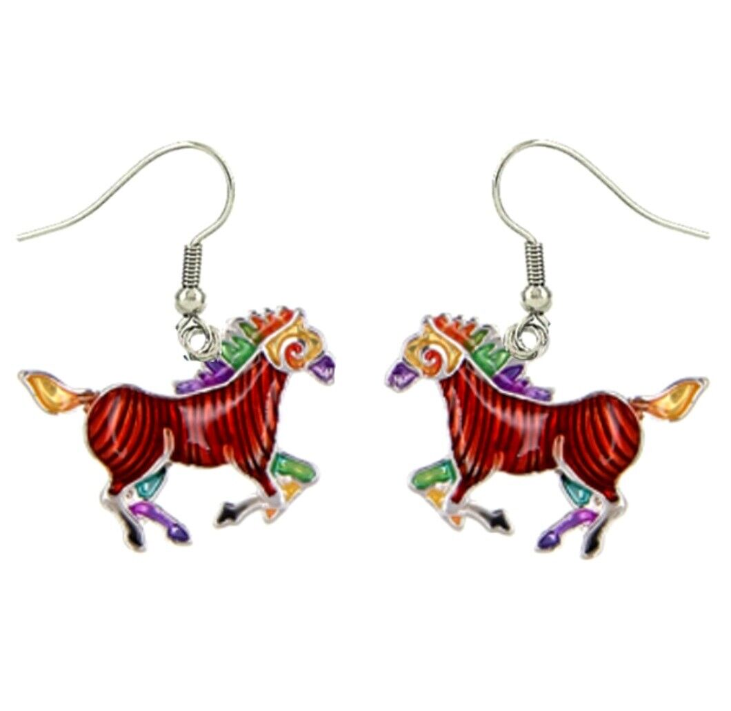 Colorful Large Horse Pendant Necklace & Earrings Set 24" Stainless Steel Chain
