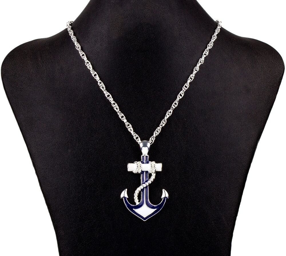 Nautical Anchor Pendant Necklace 20 " Chain Navy Blue and White Fast Shipping