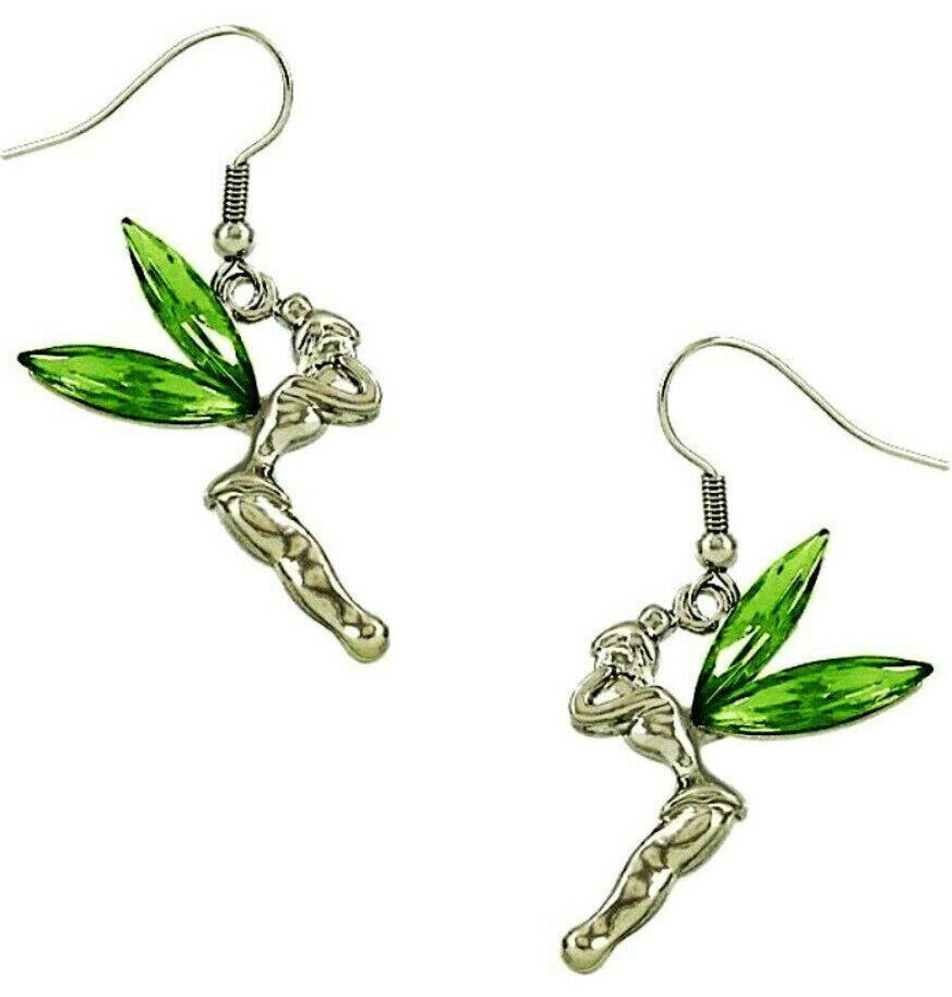 Fairy Tinkerbell Earrings Dangle Green Crystal Gift Boxed Fast Tinker Bell