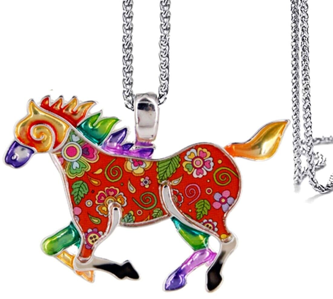 Colorful Large Horse Pendant Necklace & Earrings Set 24" Stainless Steel Chain