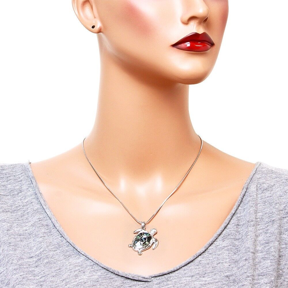 Silver Tone Abalone Sea Turtle Pendant Necklace 17" Chain Gift Box Fast Shipping