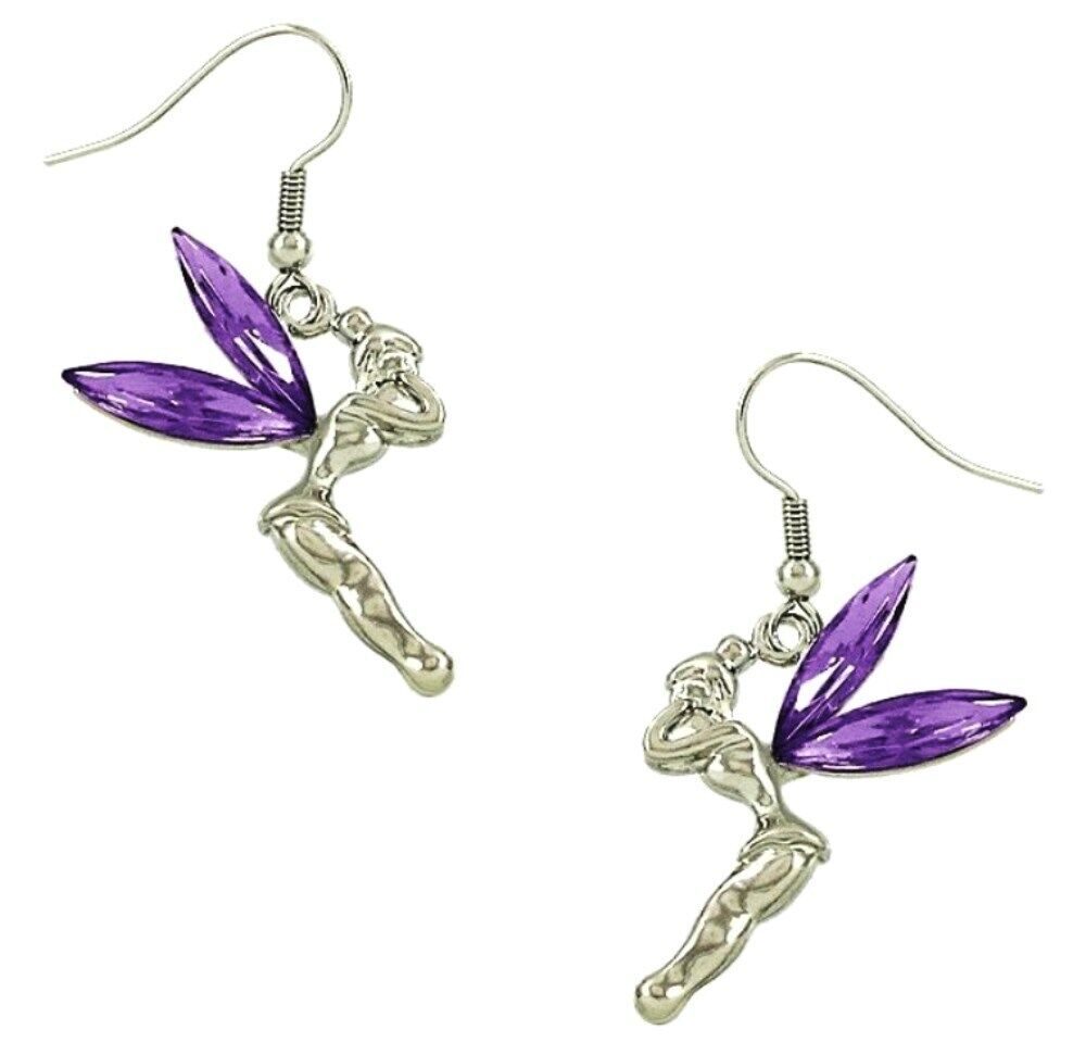 Fairy Tinkerbell Earrings Purple Crystal Gift Boxed Fast Shipping Tinker Bell