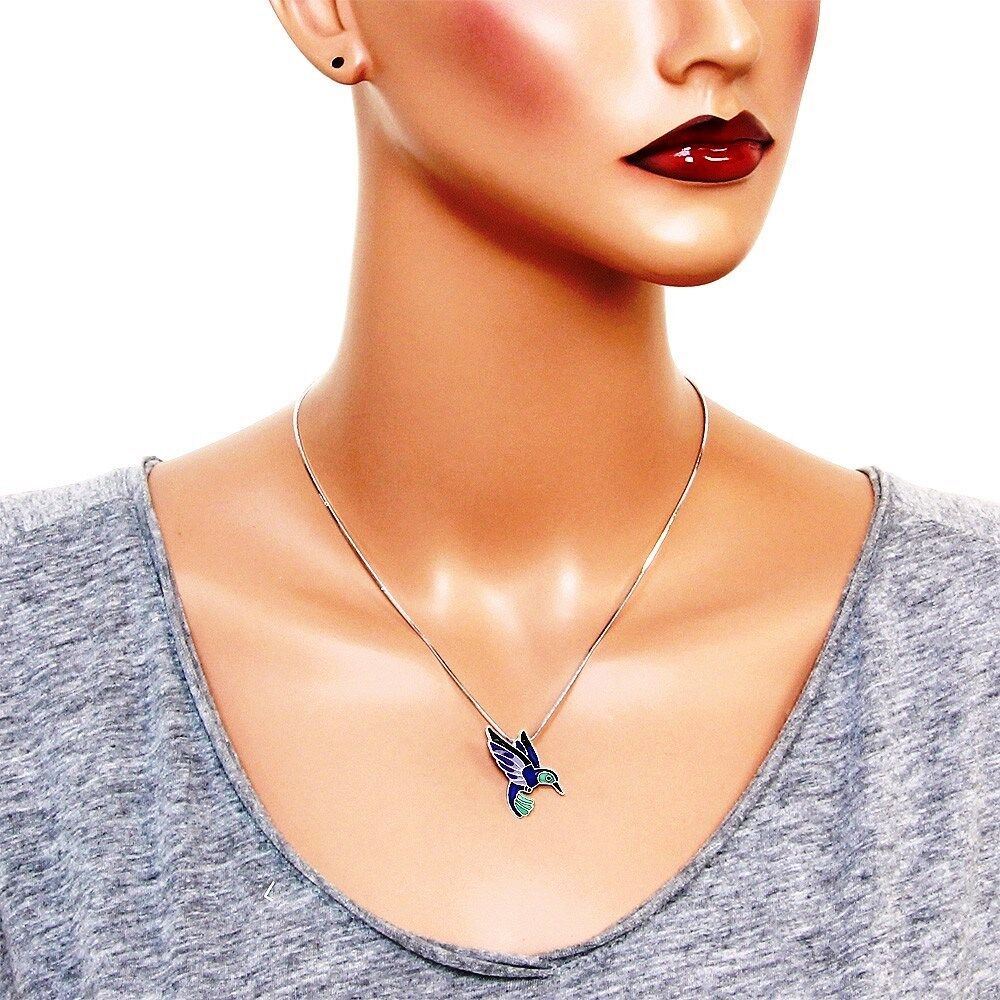 Silver Tone Purple & Blue Bird Hummingbird Pendant Necklace 17" Chain