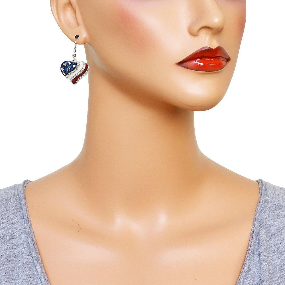Heart Earrings Dangle Red White Blue American USA Flag with a Gift Box