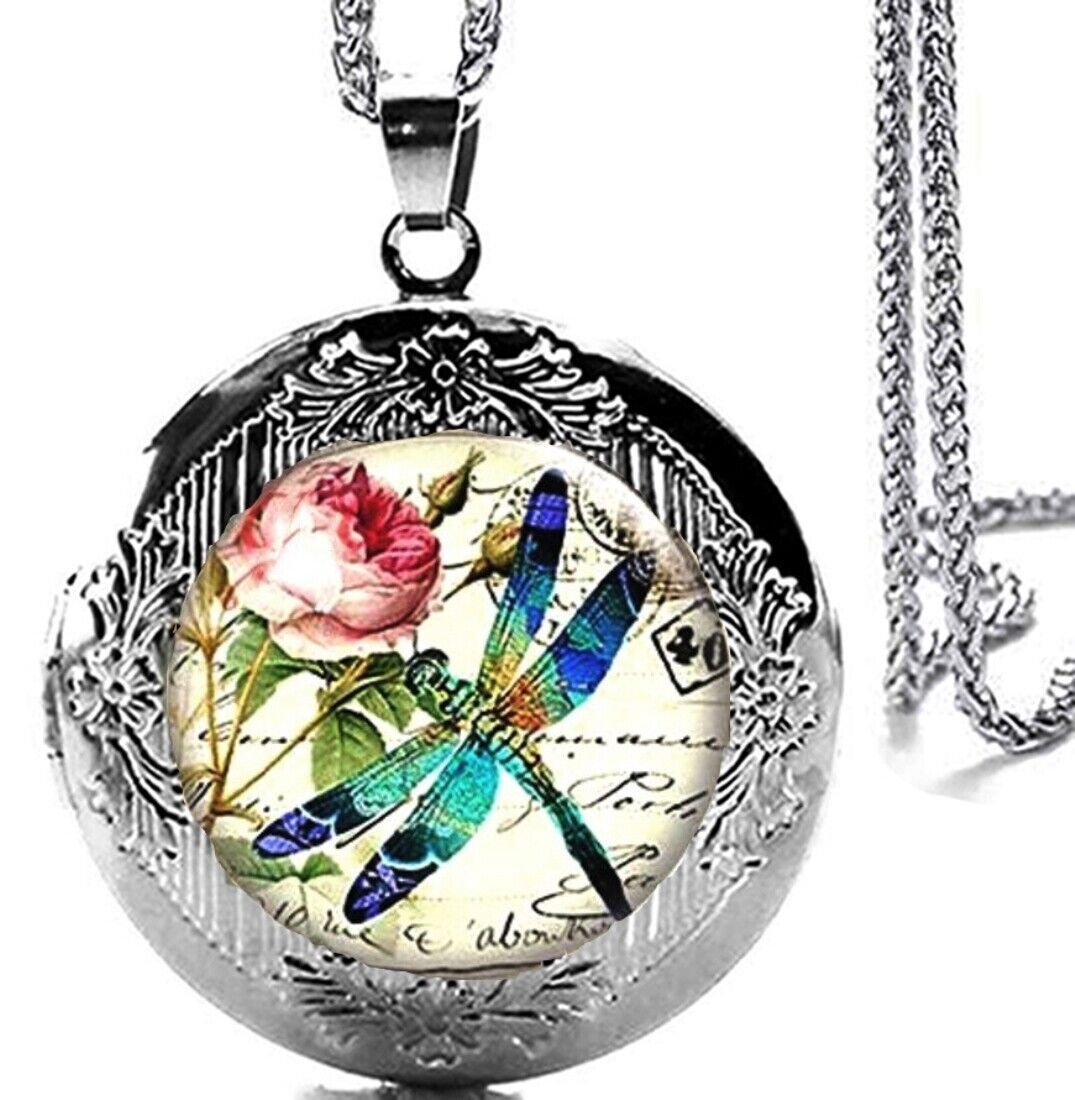 Dragonfly Locket Pendant Necklace on 24" Stainless Steel Chain