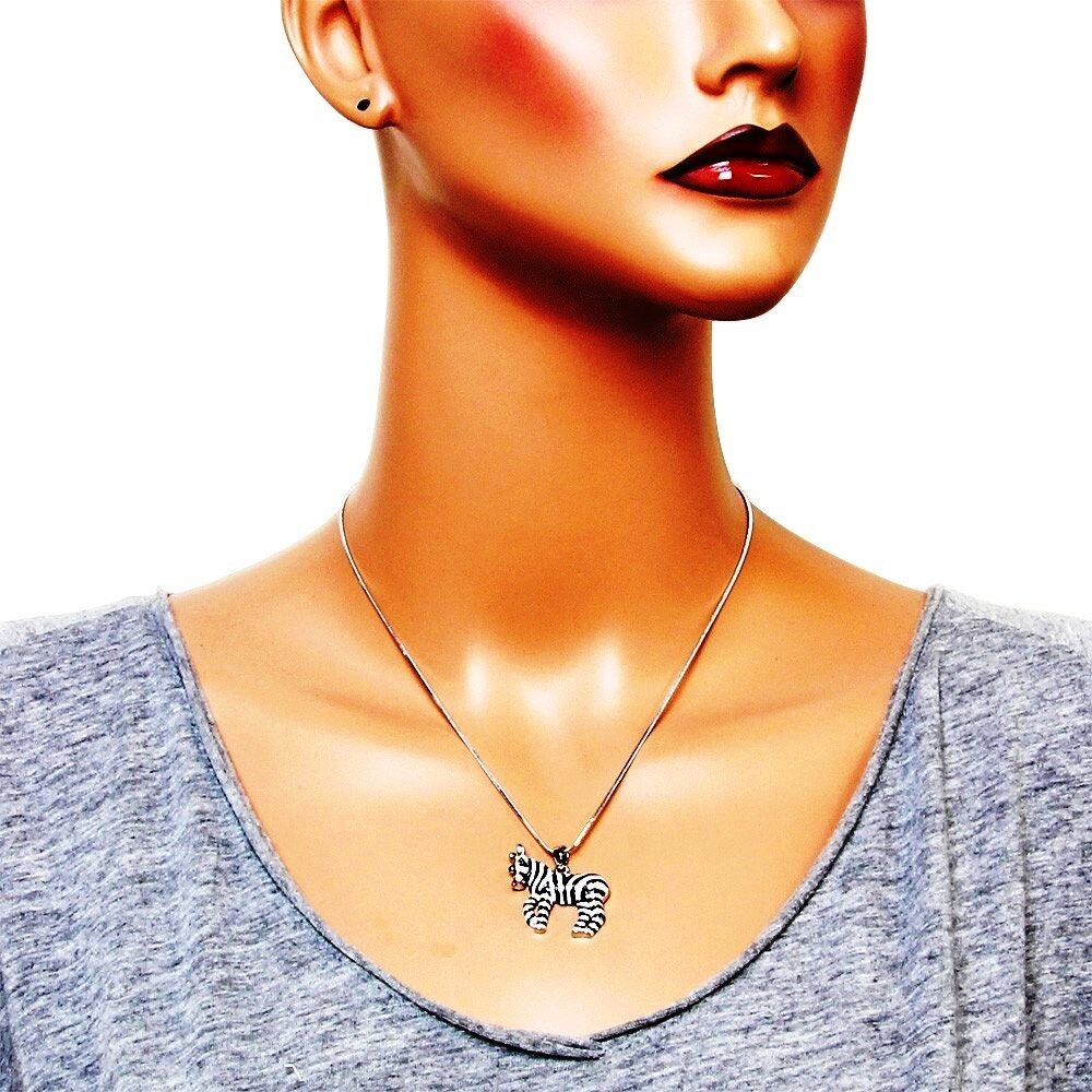 Silvertone Enameled Zebra Horse Pendant Necklace 18" Chain Fast Shipping