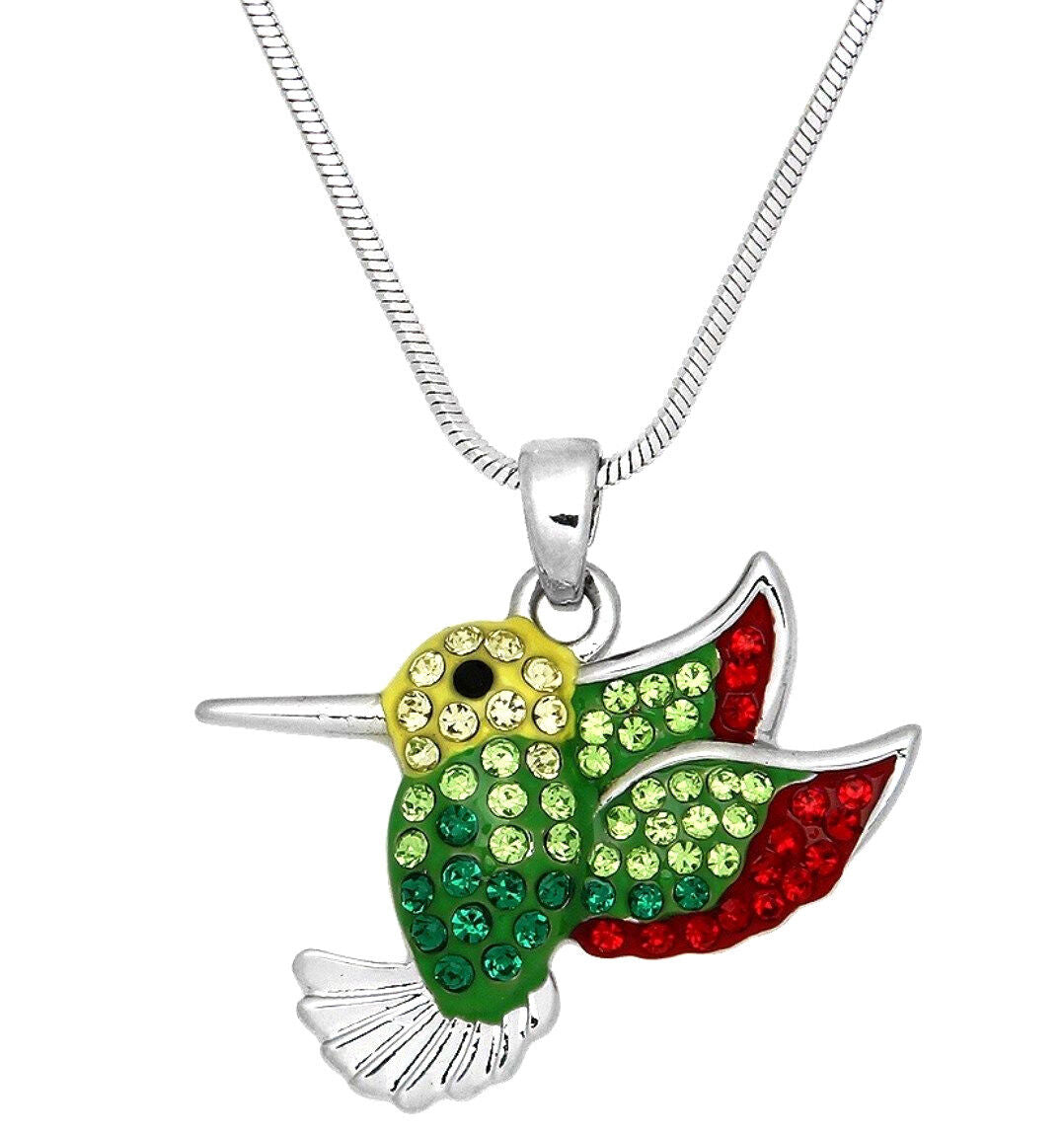 Colorful Crystal Hummingbird Charm Pendant Necklace 17" Chain Bird Theme