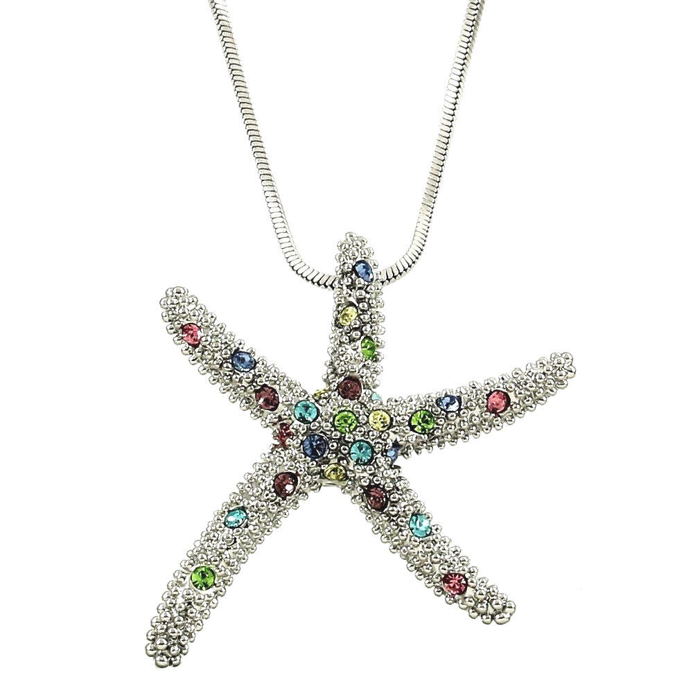 Multicolor Crystal Starfish Pendant Necklace 17" Chain Fast Shipping