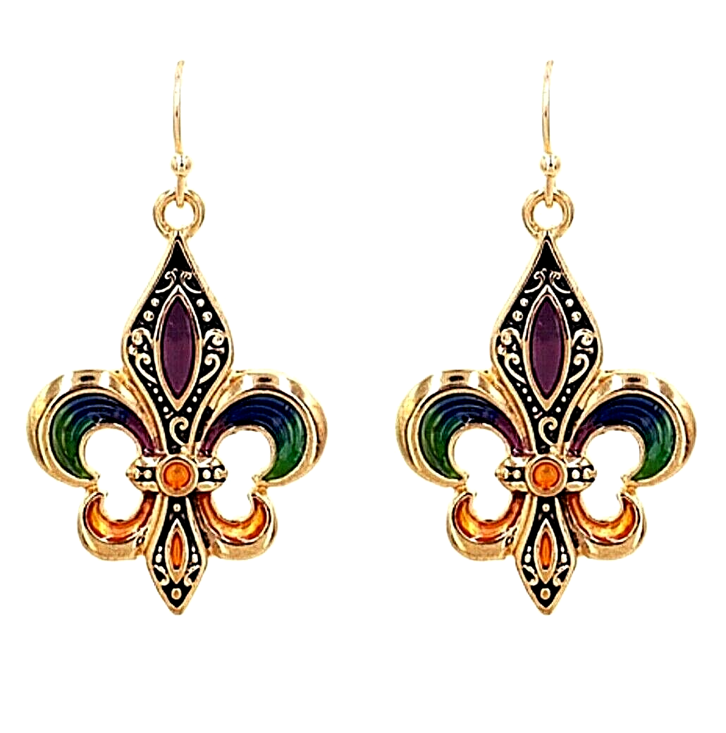Mardi Gras Fleur De Lis Earrings Dangle Gold Tone with a Gift Box Fast Shipping