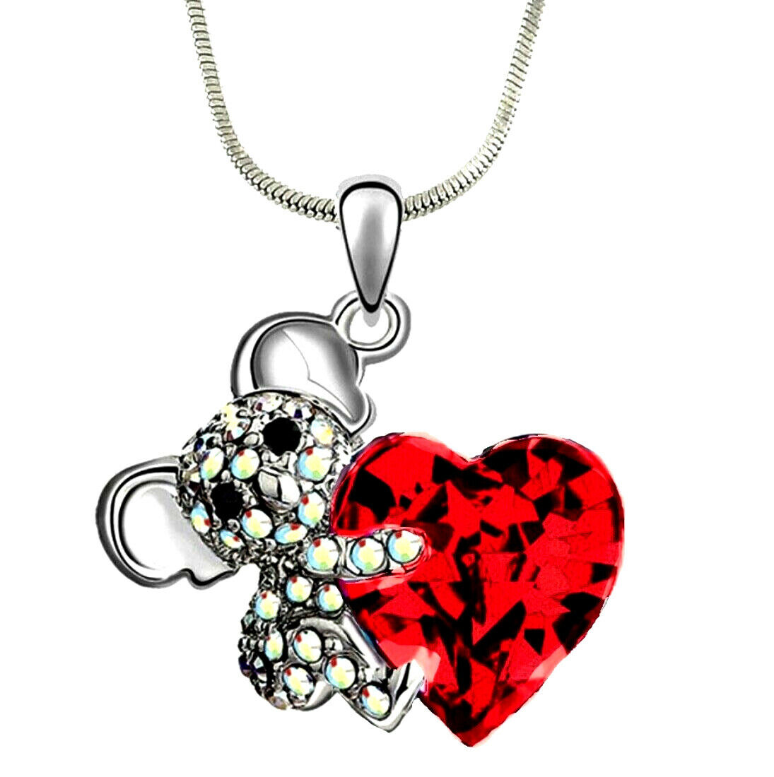 Crystal Koala Teddy Bear Red Heart Pendant Necklace Rhodium Plated 18" Chain