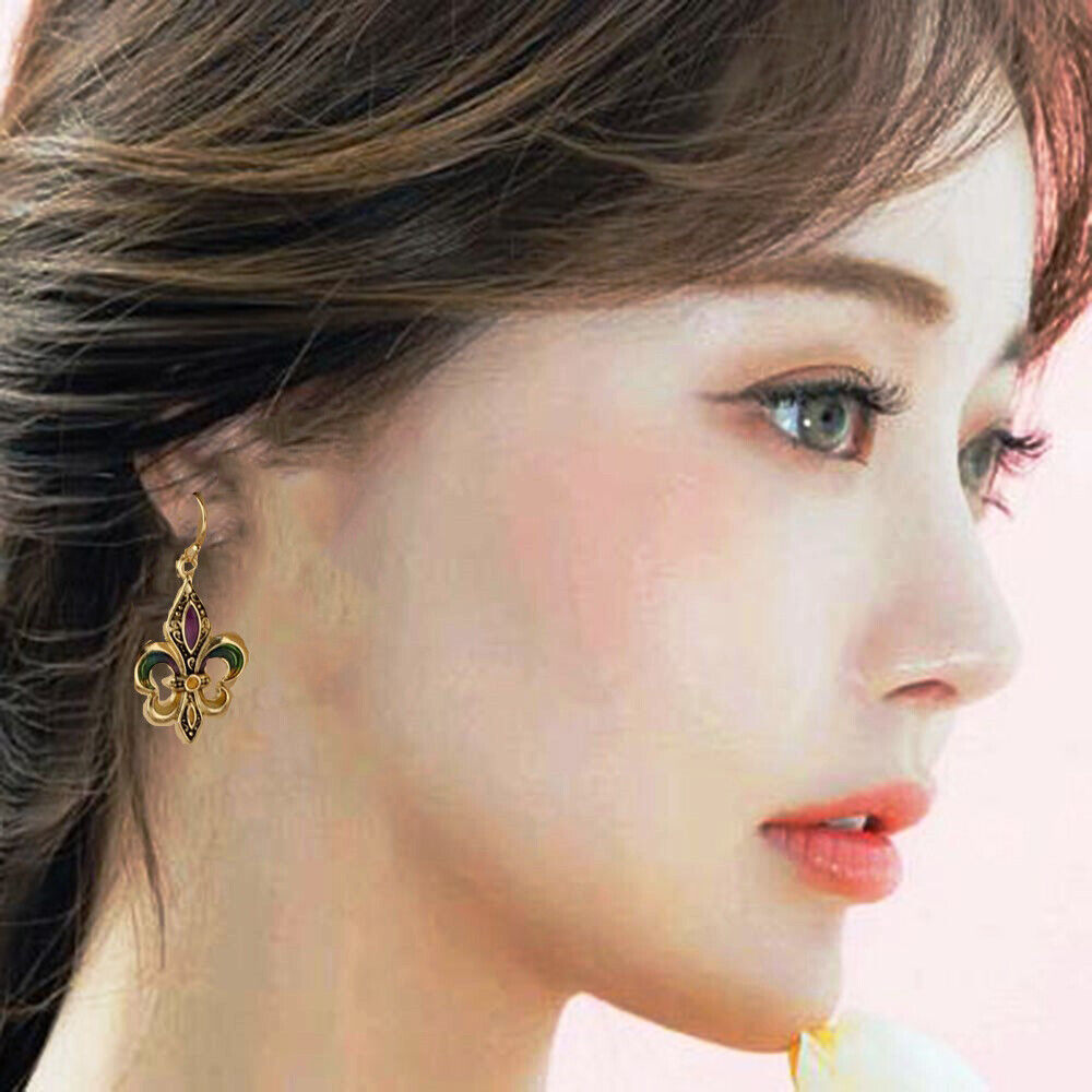 Mardi Gras Fleur De Lis Earrings Dangle Gold Tone with a Gift Box Fast Shipping