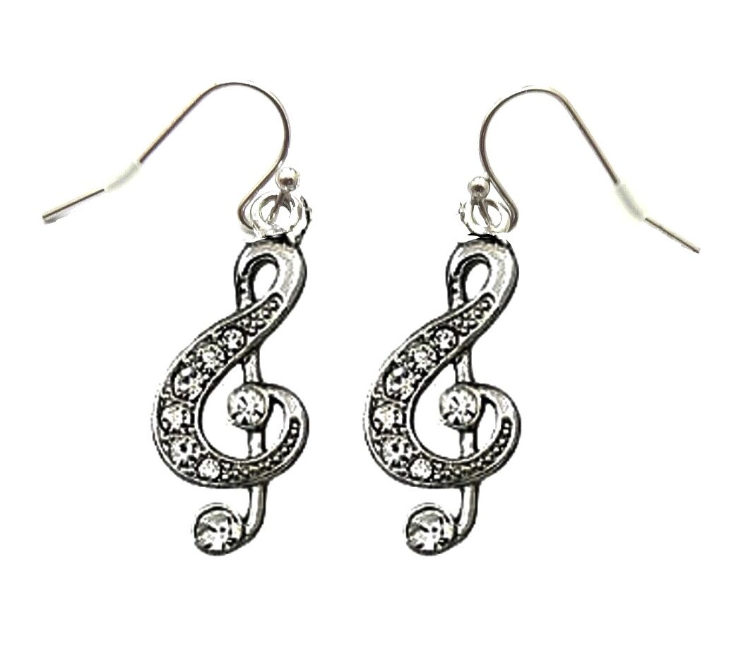 Silver Tone Clear Crystal Treble G Clef Music Note Necklace and Earrings Set