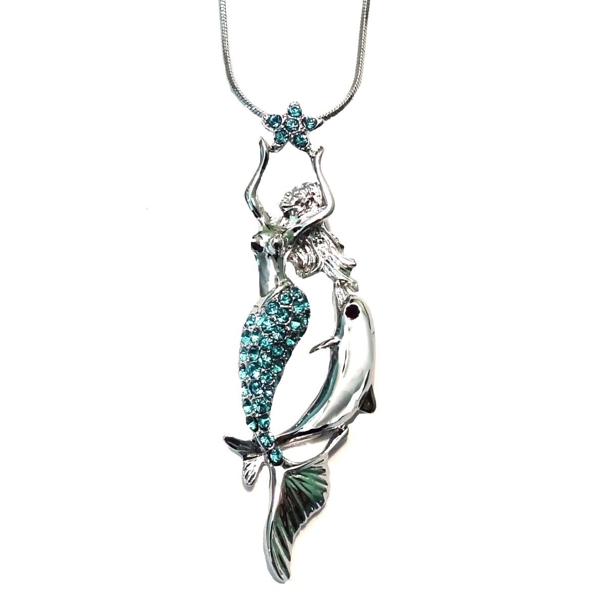 Fairy Mermaid and Dolphin Necklace Blue Crystals Gift Boxed Fast Shipping