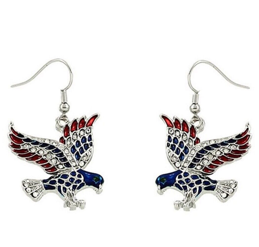 Silvertone Eagle Necklace and Earring Set American Flag Color 24" Steel Chain