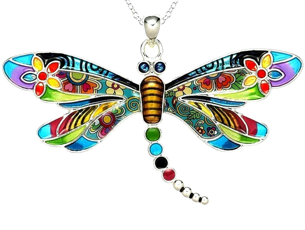 Silvertone Large Dragonfly Pendant Necklace with 21" Chain Fast Shipping