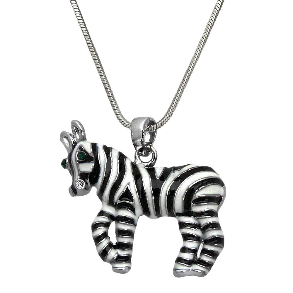 Silvertone Enameled Zebra Horse Pendant Necklace 18" Chain Fast Shipping