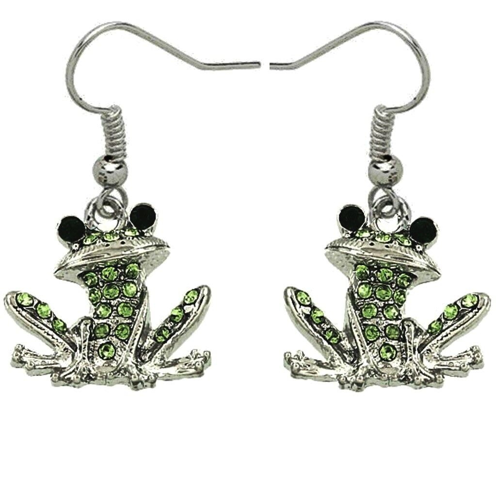 Silvertone Green Frog Pendant Necklace and Earrings Set & 21" Chain Gift Boxed